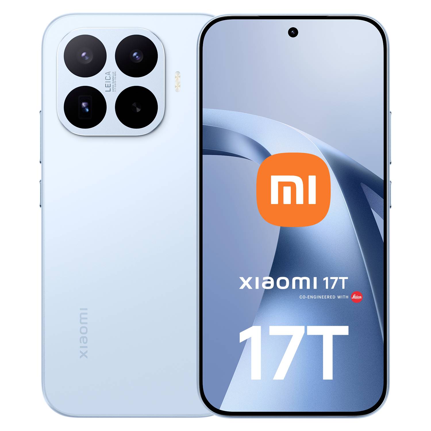 Xiaomi 17T Smartphone von vorne und hinten in Hellblau gezeigt, mit Triple-Kamera-Rückmodul und „17T