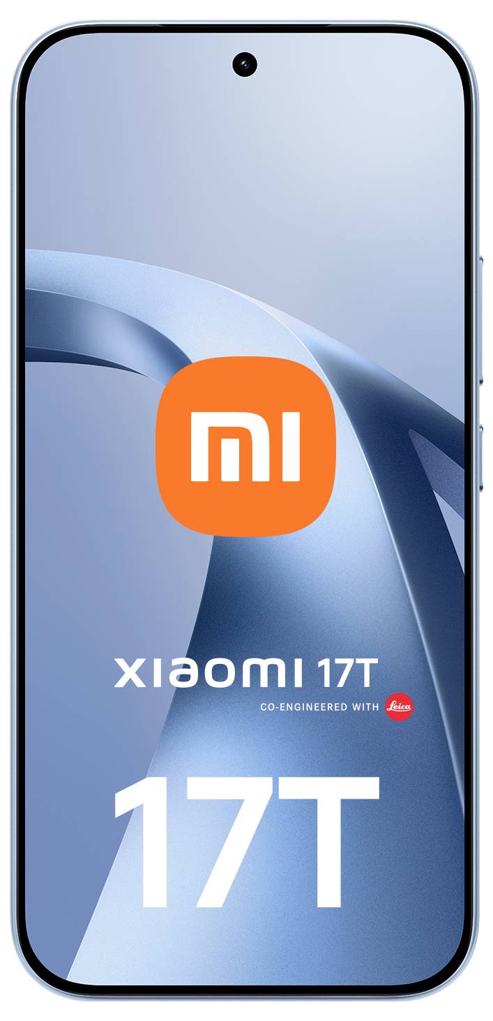 Vorderansicht eines Xiaomi 17T Smartphones mit blauem Hintergrundbild, zentriertem "mi" Logo und "Xiaomi 17T" sowie "17T" Text auf dem Bildschirm.