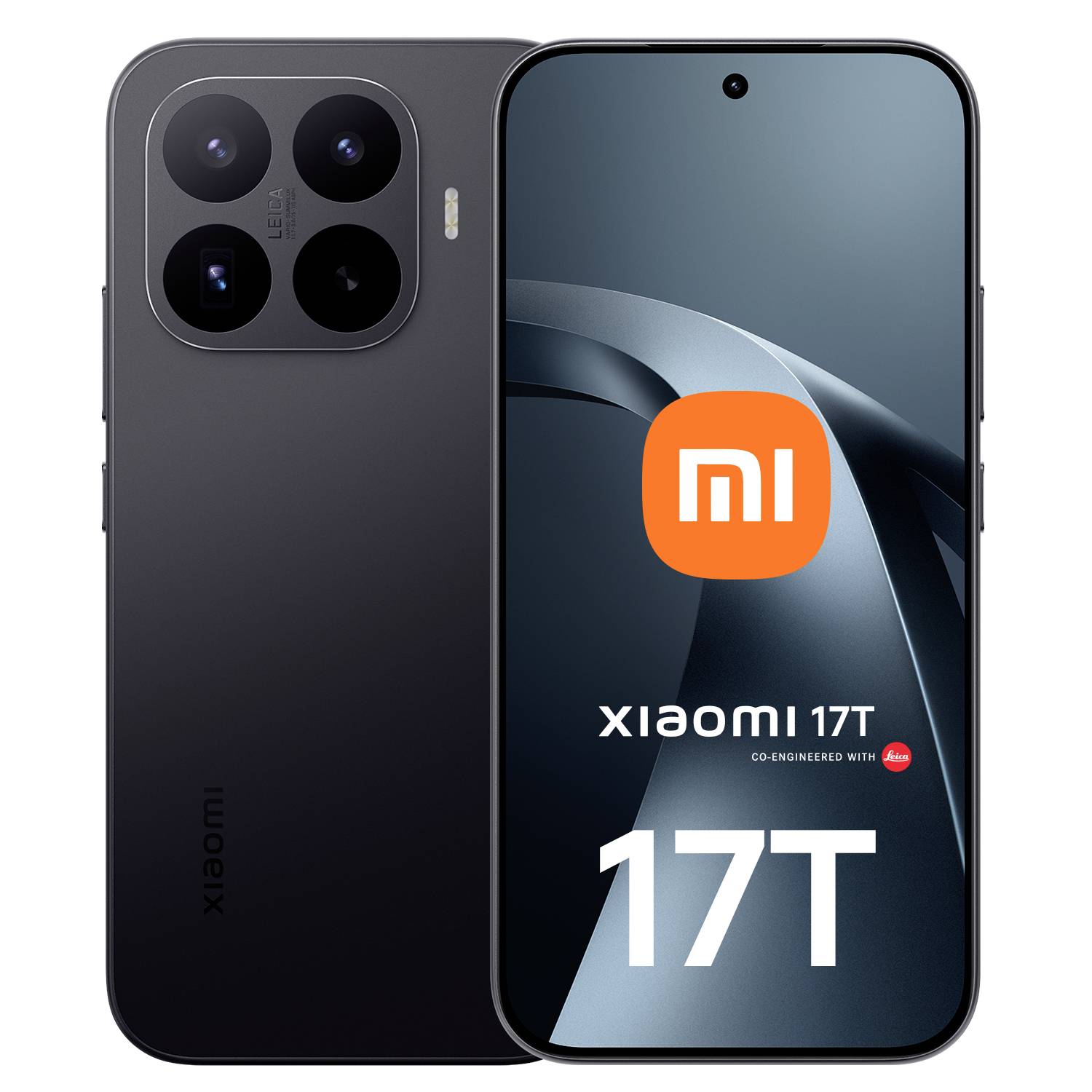 Vorder- und Rückseite eines Xiaomi 17T-Smartphones, das ein großes hinteres Kameramodul und den Bildschirm mit dem Xiaomi-Logo und der Markenbezeichnung 