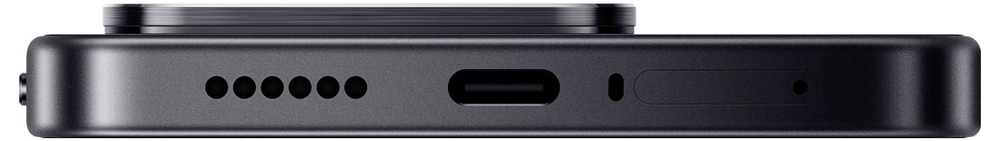 Seitenansicht eines schwarzen Smartphones, das die untere Kante mit Lautsprecherlöchern, USB-C-Anschluss, Mikrofon und Antennenleitungen zeigt.