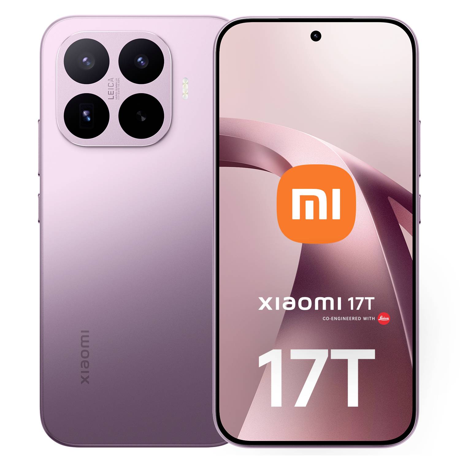 Vorder- und Rückseite eines rosa Xiaomi 17T-Smartphones, die das Quad-Kamera-Modul und den Bildschirm mit dem Mi-Logo und dem Text 