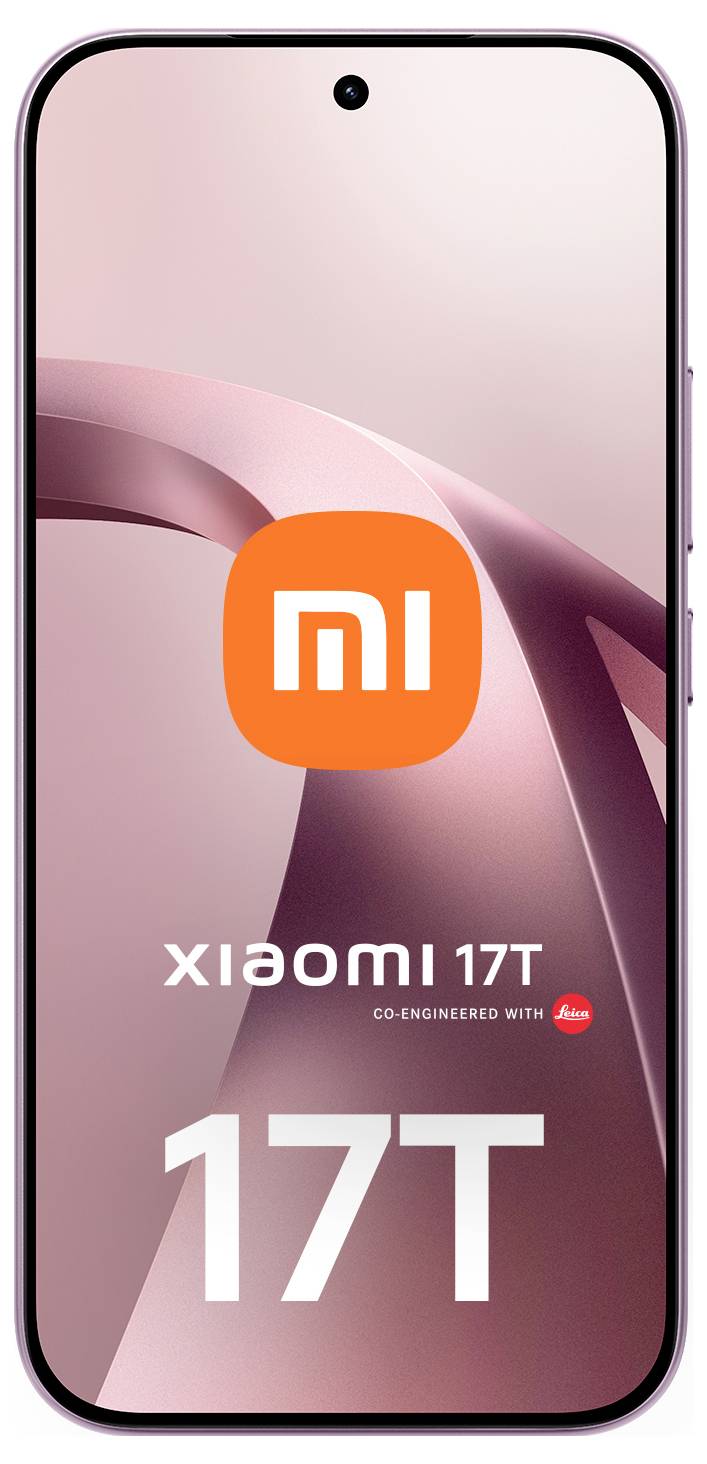 Vorderansicht eines Xiaomi 17T-Smartphones mit rosa Display, das das Logo 