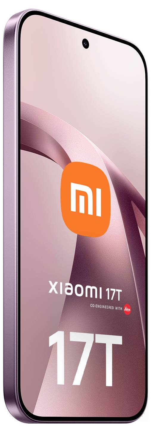Ein Xiaomi 17T-Smartphone, frontal dargestellt, mit einem rosa Display, dem Xiaomi-Logo und dem Text „17T