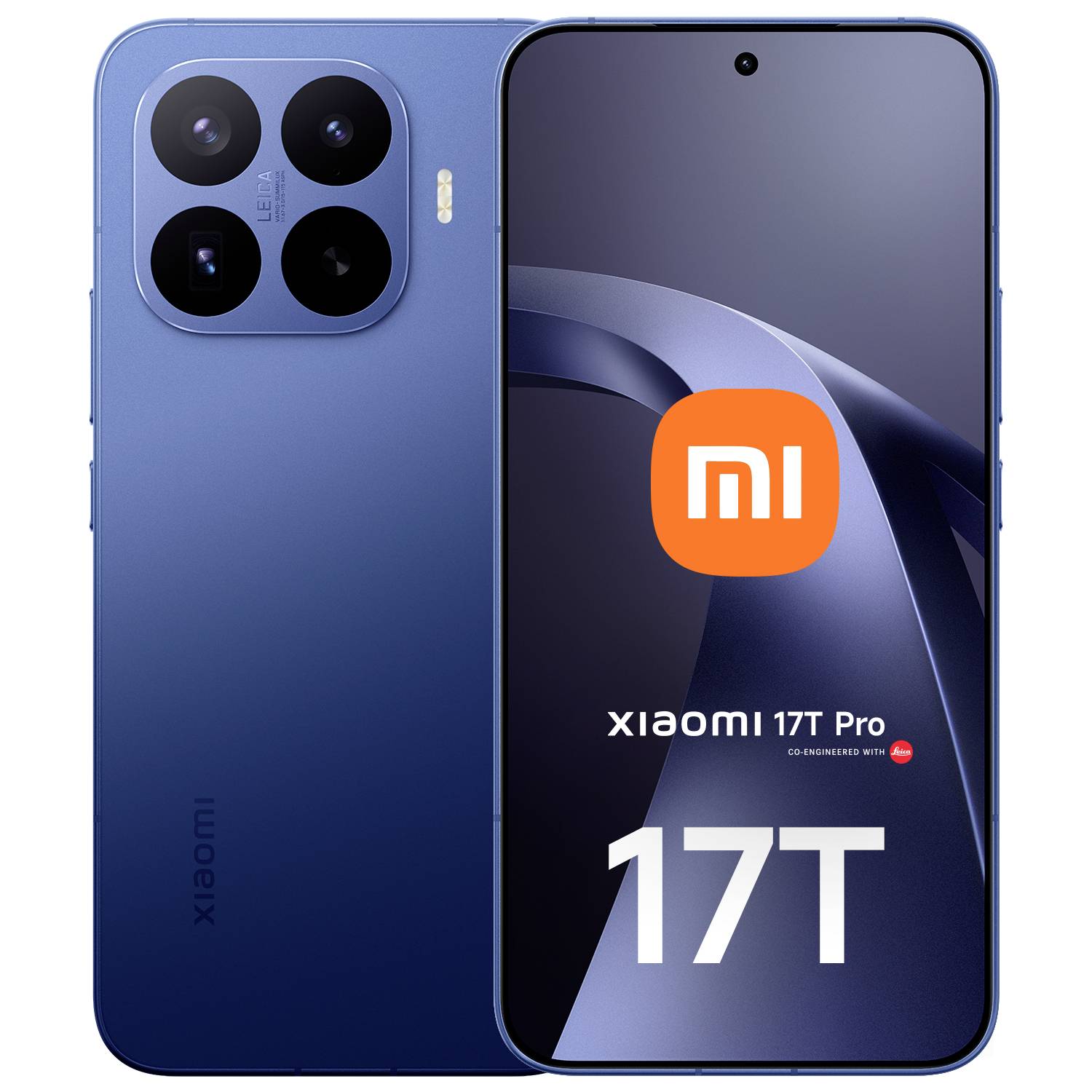 Blaues Xiaomi 17T Pro Smartphone von vorne und hinten gezeigt, mit Triple-Kamera-Modul auf der Rückseite und Bildschirm, auf dem das Xiaomi-Logo und die Markenbezeichnung „17T