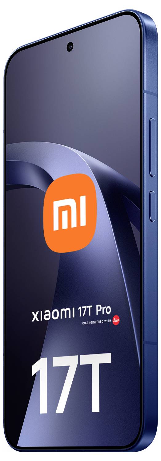 Vorderansicht eines blauen Xiaomi 17T Pro Smartphones, das den Bildschirm mit dem orangefarbenen 