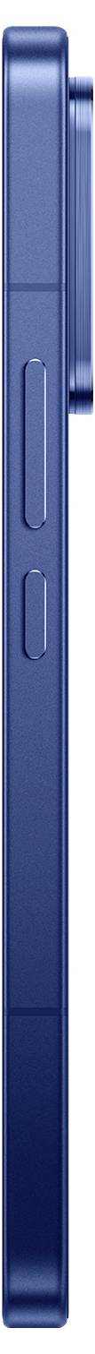 Seitenansicht eines blauen Smartphones, die die schmale Kante mit zwei Knöpfen und einer vorstehenden Kamerawölbung zeigt.