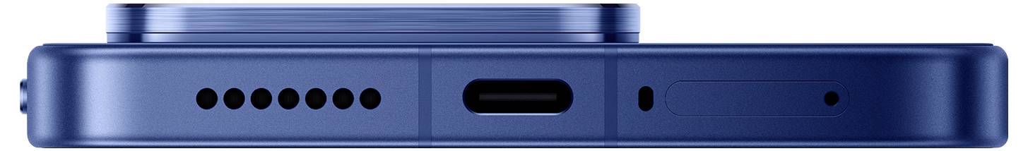 Seitenansicht eines blauen Smartphones mit der unteren Kante, auf der Lautsprecherlöcher, Ladeanschluss, Mikrofon und Antennenleitungen zu sehen sind.