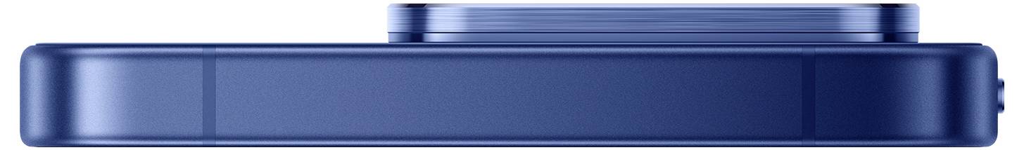 Seitenansicht eines blauen Smartphones mit schlankem Gehäuse und erhöhtem Kamerabuckel auf der Rückseite.