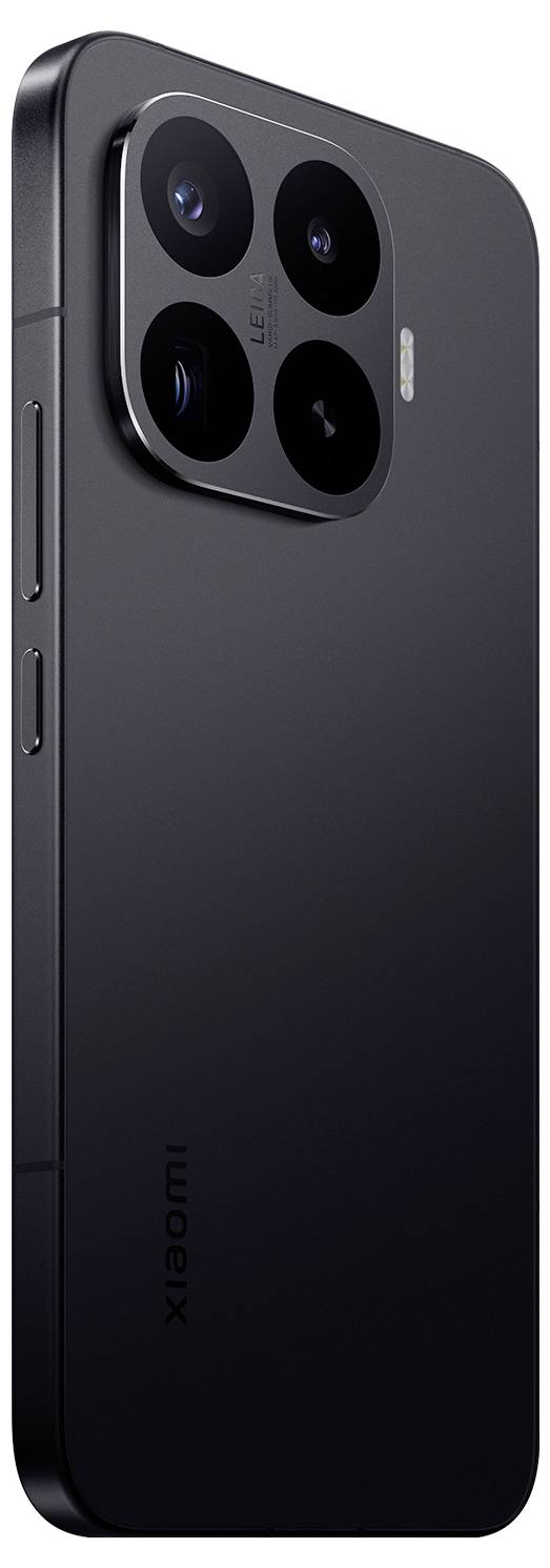 Rückseite eines schwarzen Xiaomi-Smartphones mit quadratischem Triple-Kamera-Modul mit Blitz und vertikalem Xiaomi-Logo.