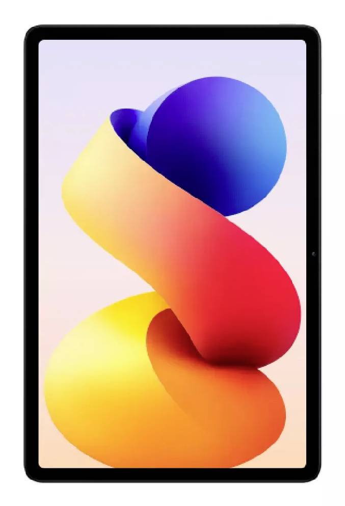 Ein Smartphone- oder Tablet-Bildschirm zeigt eine abstrakte bunte, bandähnliche 3D-Form auf hellem Hintergrund.