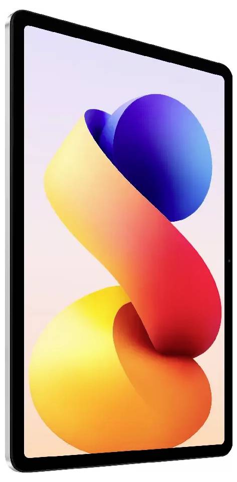 Ein Tablet, das in einem Winkel gezeigt wird, mit einer farbenfrohen abstrakten Tapete aus überlappenden blaugelben, orangen und roten bandartigen Formen.