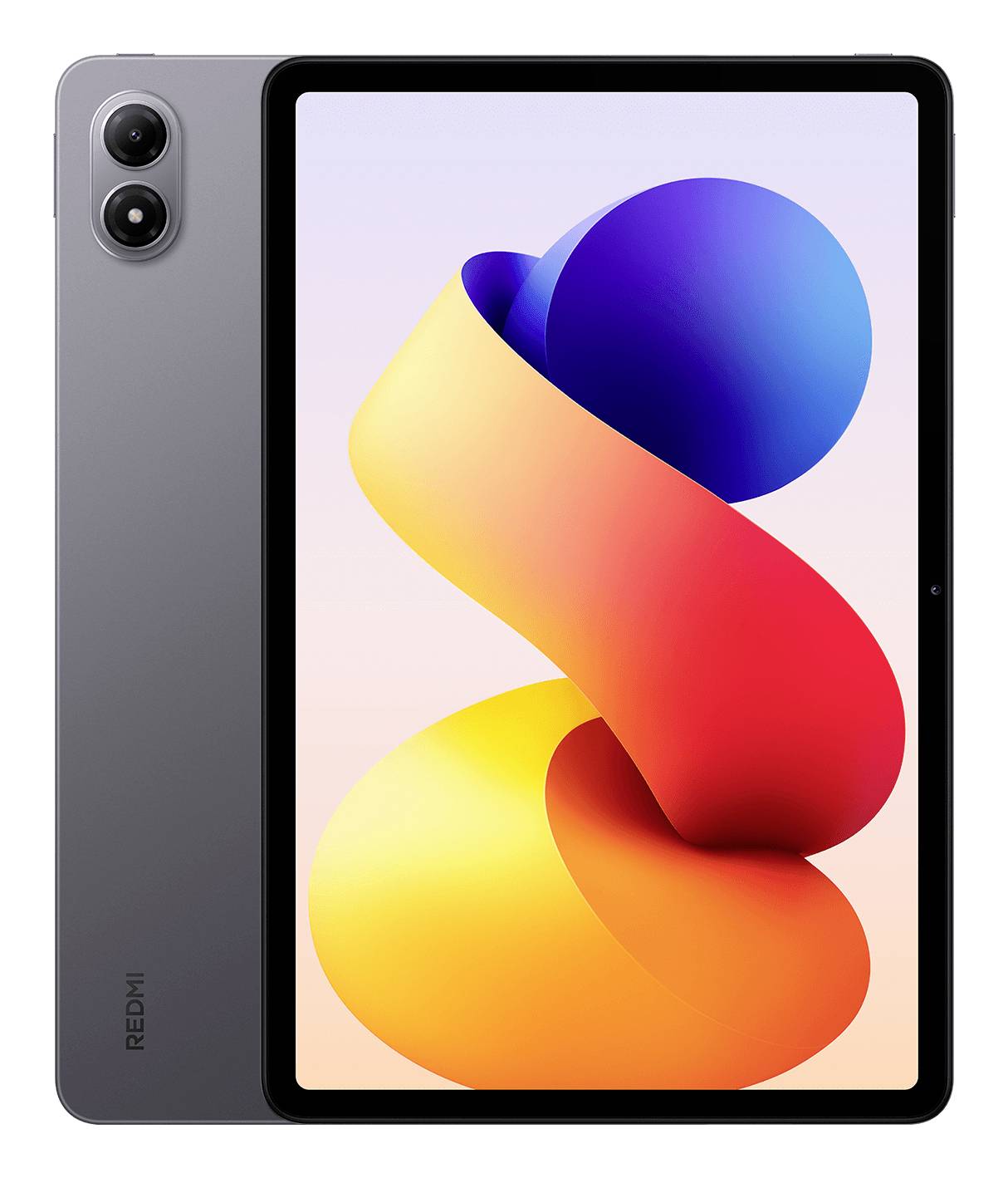 Schwarzes Redmi-Tablet von vorne und hinten gezeigt, mit buntem abstraktem Hintergrundbild auf dem Bildschirm und Dual-Rückkameras.