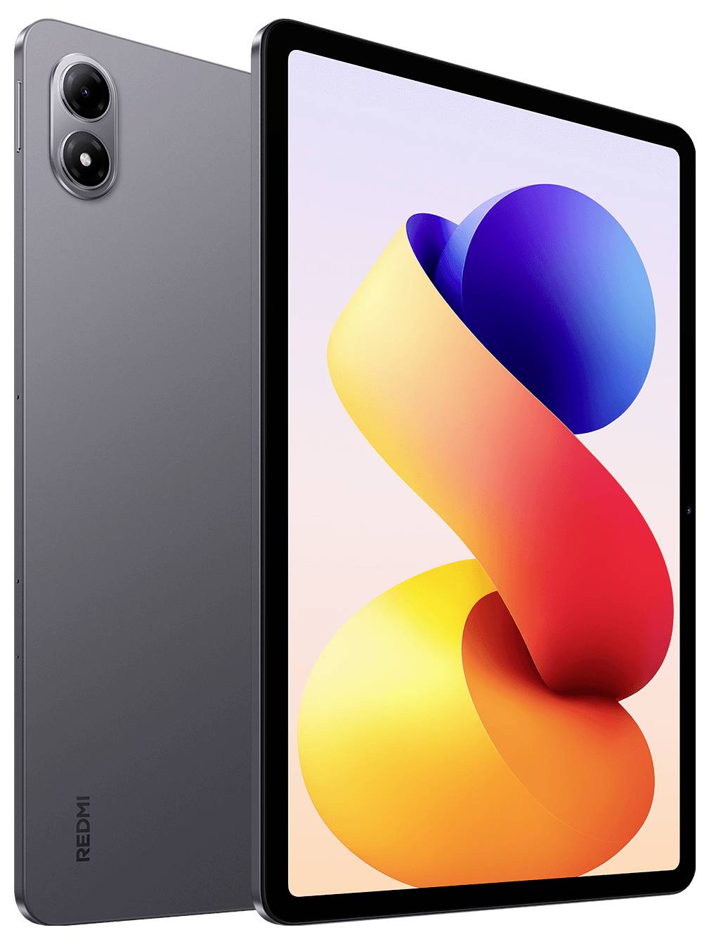 Schwarzes Redmi-Tablet von vorne und hinten gezeigt, mit einem farbenfrohen abstrakten Hintergrundbild auf dem Bildschirm und Dual-Rückkameras.