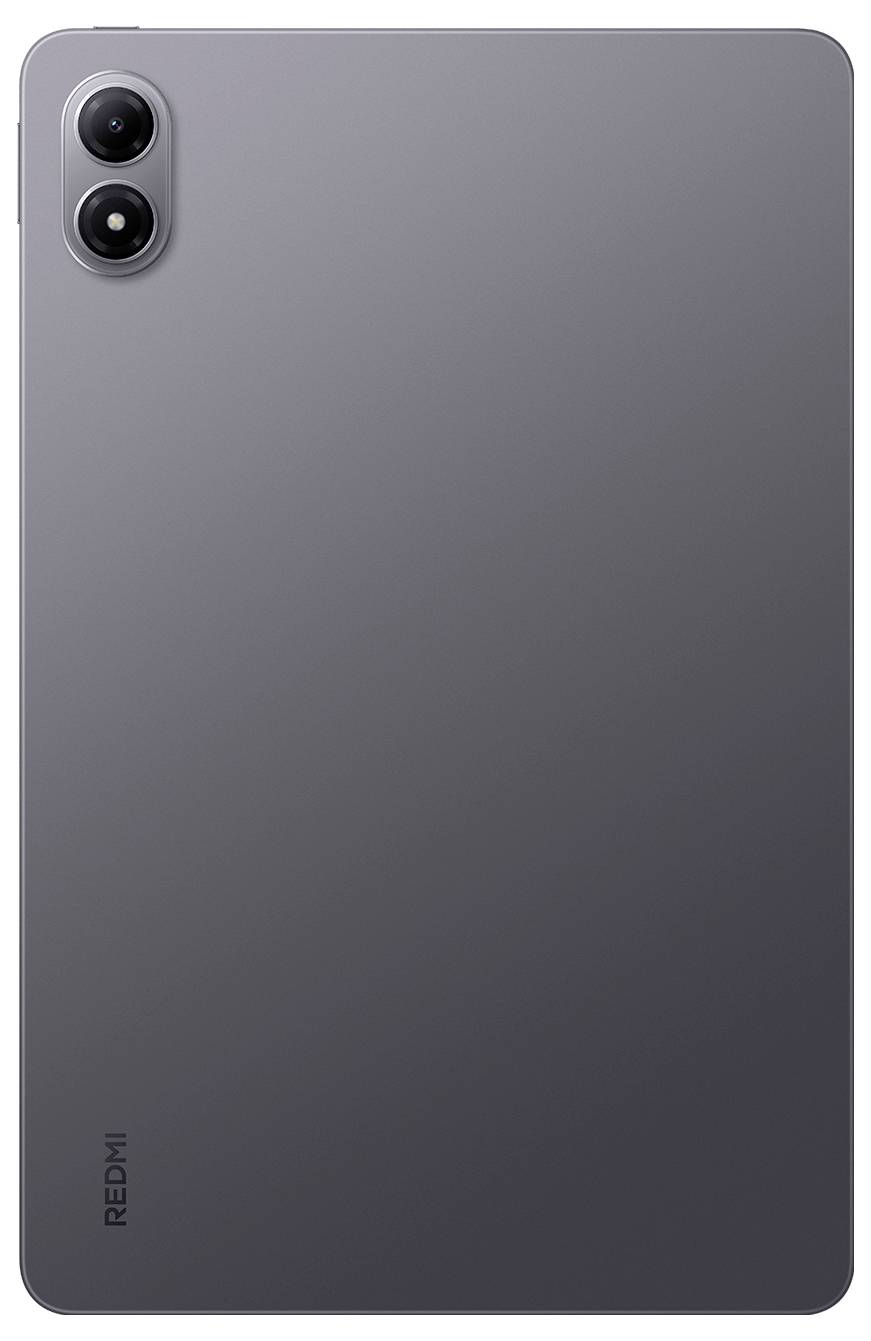 Rückseite eines grauen Redmi-Tablets mit Dual-Rückkameras in einem vertikalen Modul oben links.