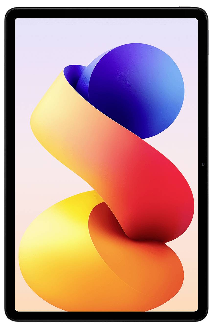 Tablet-Bildschirm mit einem farbenfrohen abstrakten, bandartigen 3D-Wirbel auf einem Pastell-Verlaufshintergrund.