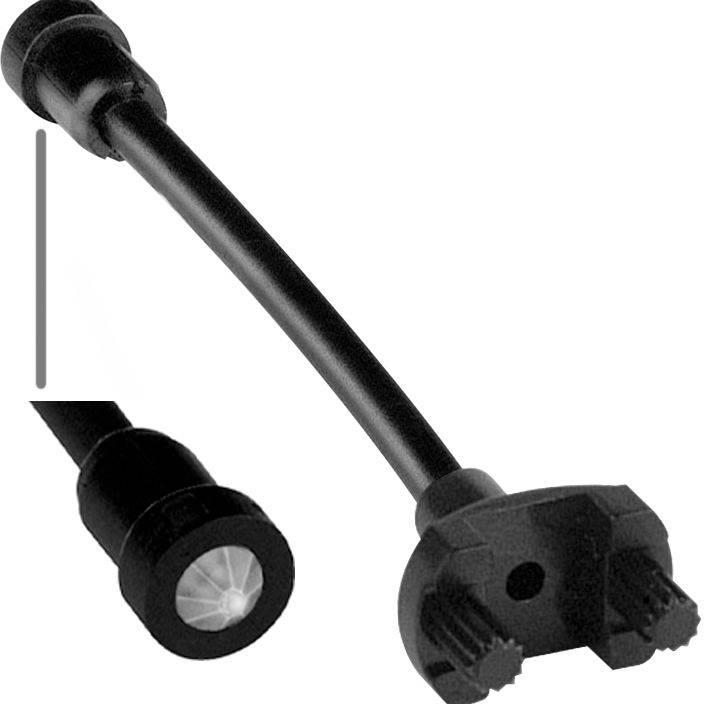Schwarzes Kabel mit Zylinderstecker an einem Ende und Doppelstiftstecker am anderen Ende, vor weißem Hintergrund dargestellt.