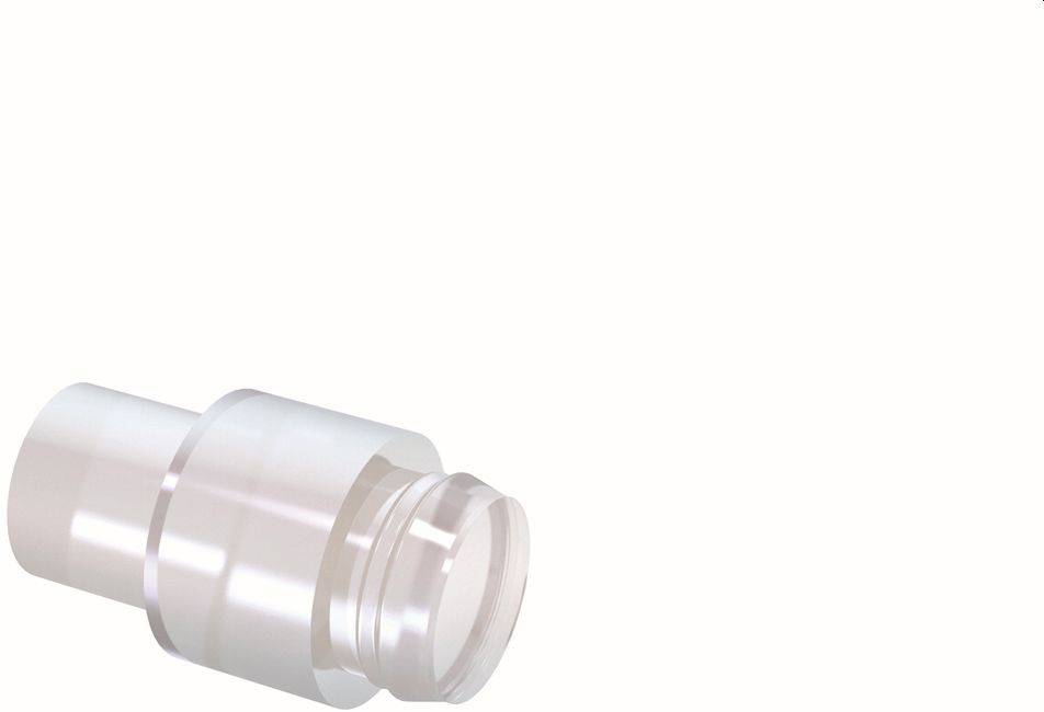 Transparenter zylindrischer Kunststoffadapter oder Verbinder mit breiterer Mitte und Gewindelende, gezeigt auf einfachem weißem Hintergrund.