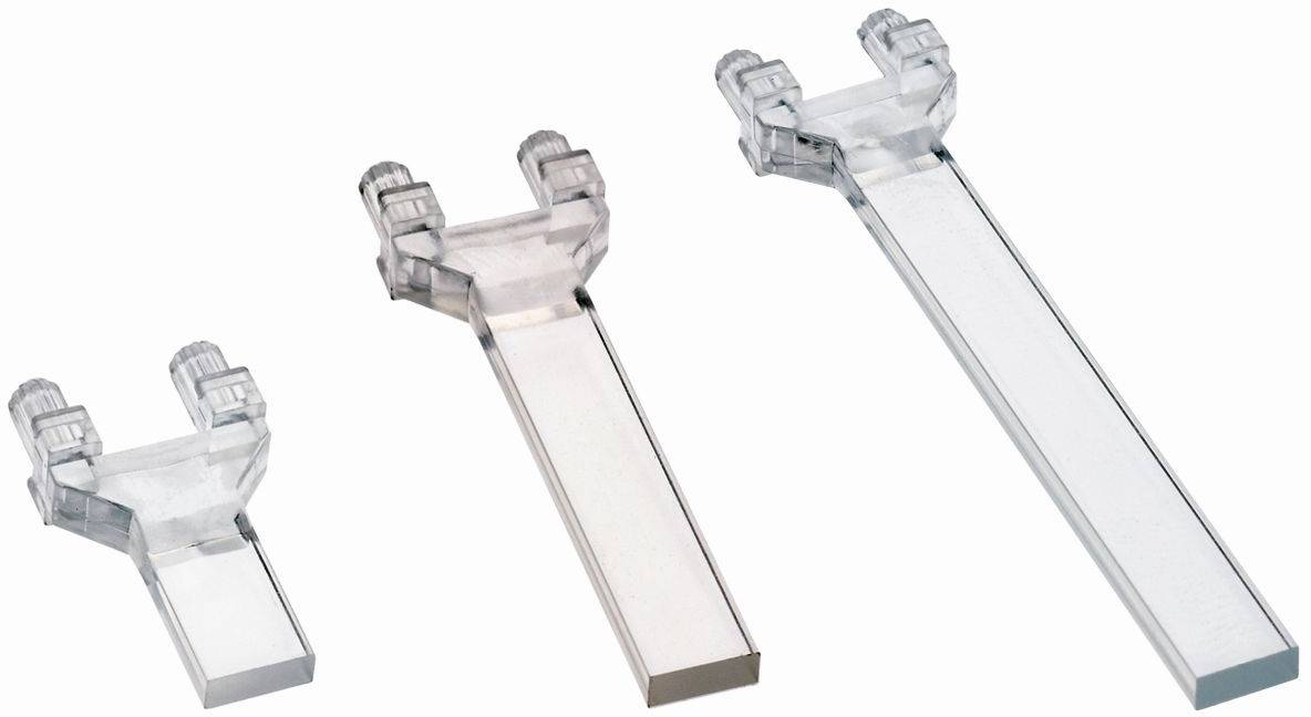 Drei transparente Kunststoff-Kabelclips oder -Verbinder in drei Größen auf weißem Hintergrund, von kurz bis lang.