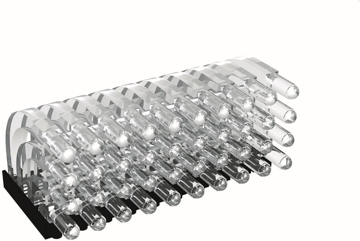 3D-Rendering einer transparenten zylindrischen mechanischen Baugruppe mit mehreren Reihen von glasähnlichen Röhren oder Stäben, die in einem Spiralmuster angeordnet sind.