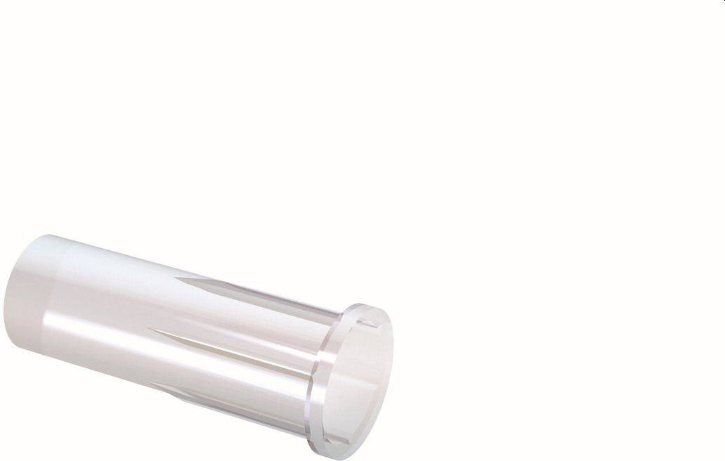 Klares zylindrisches Kunststoffrohr, das diagonal auf weißem Hintergrund liegt, an einem Ende offen.
