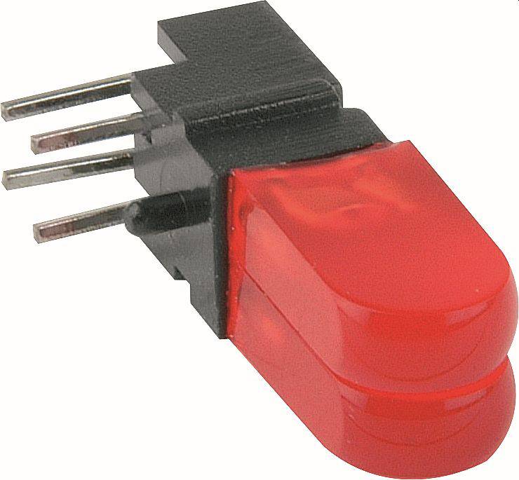 Rote LED-Anzeigelampe mit vier Metallstiften zur Montage auf einer Leiterplatte.