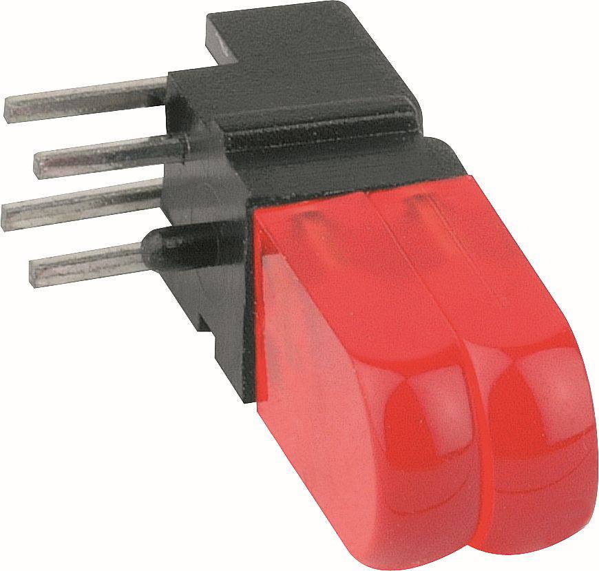 Roter Dual-Linsen-LED-Anzeiger mit schwarzem Gehäuse und vier Metallstiften, dargestellt auf weißem Hintergrund.