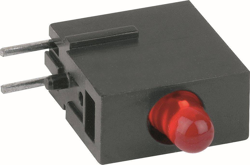 Schwarzer Panel-Montageschalter mit zwei Metallstiften und rotem LED-Linse, gezeigt auf weißem Hintergrund.