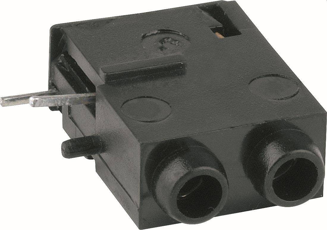 Schwarzer kunststoffgelektronischer Stecker mit zwei runden Frontanschlüssen und Metallstiftkontakten an der Seite, auf weißem Hintergrund dargestellt.