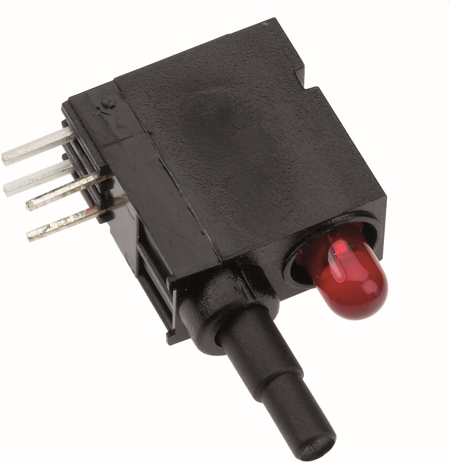 Schwarzes Elektronikschaltermodul mit vier Metallstiften, einer roten LED und einem schwarzen Druckknopfstößel.