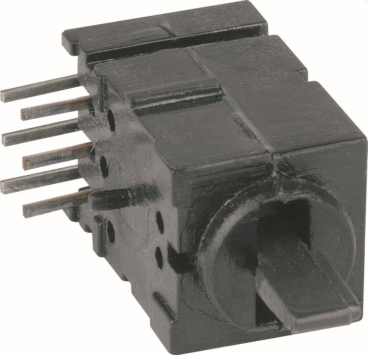 Nahaufnahme eines schwarzen, panelmontierbar elektrischen Steckers mit sechs Metallstiften und einer runden Vorderöffnung für die Buchse.