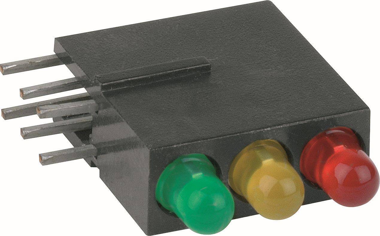 Schwarze elektronische Komponente mit fünf Metallstiften und drei Anzeige-LEDs: grün, gelb und rot.