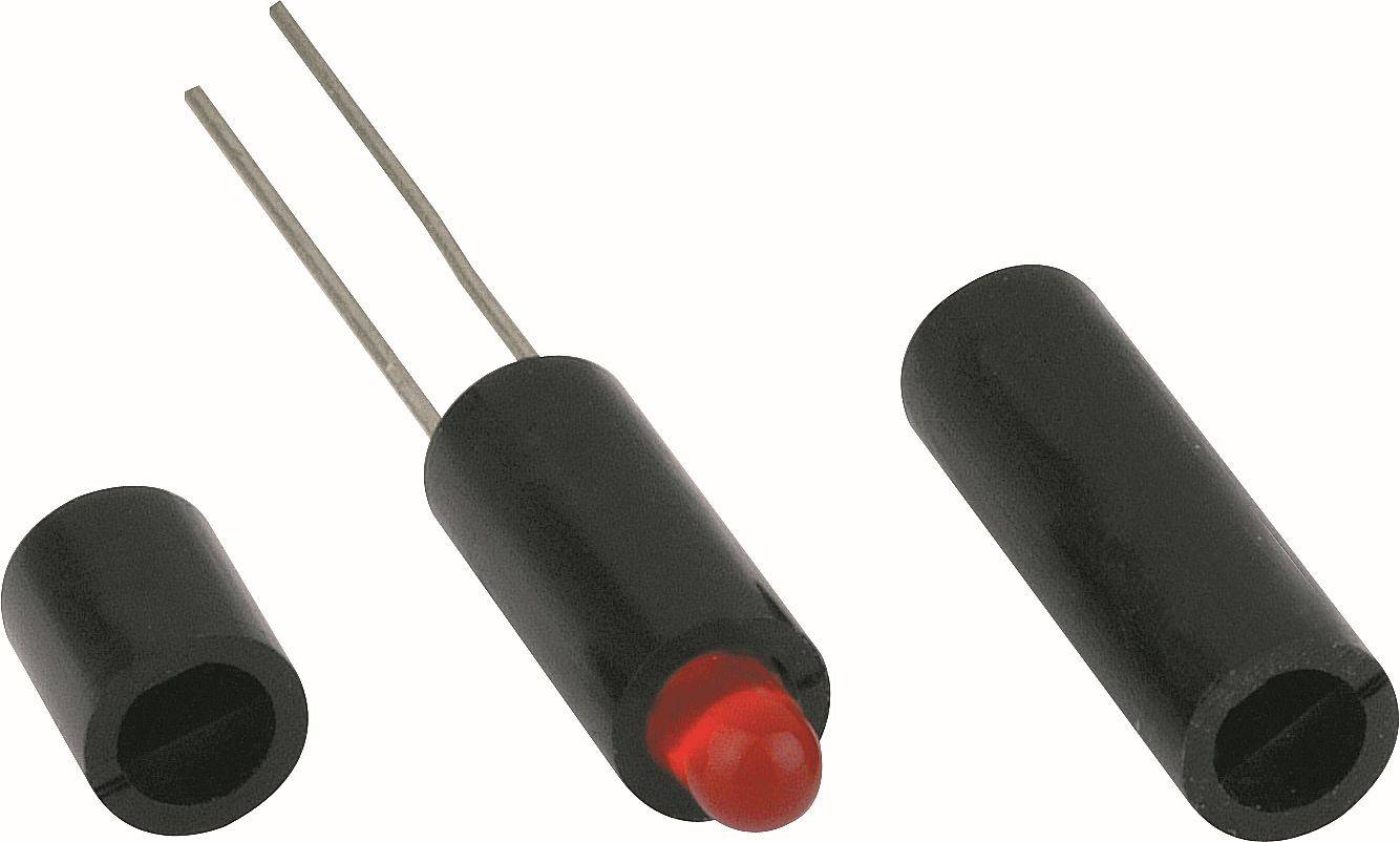 Drei schwarze LED-Gehäuse: eines mit zwei Metallanschlüssen und einer roten LED-Spitze, flankiert von zwei hohlen Kappen auf weißem Hintergrund.