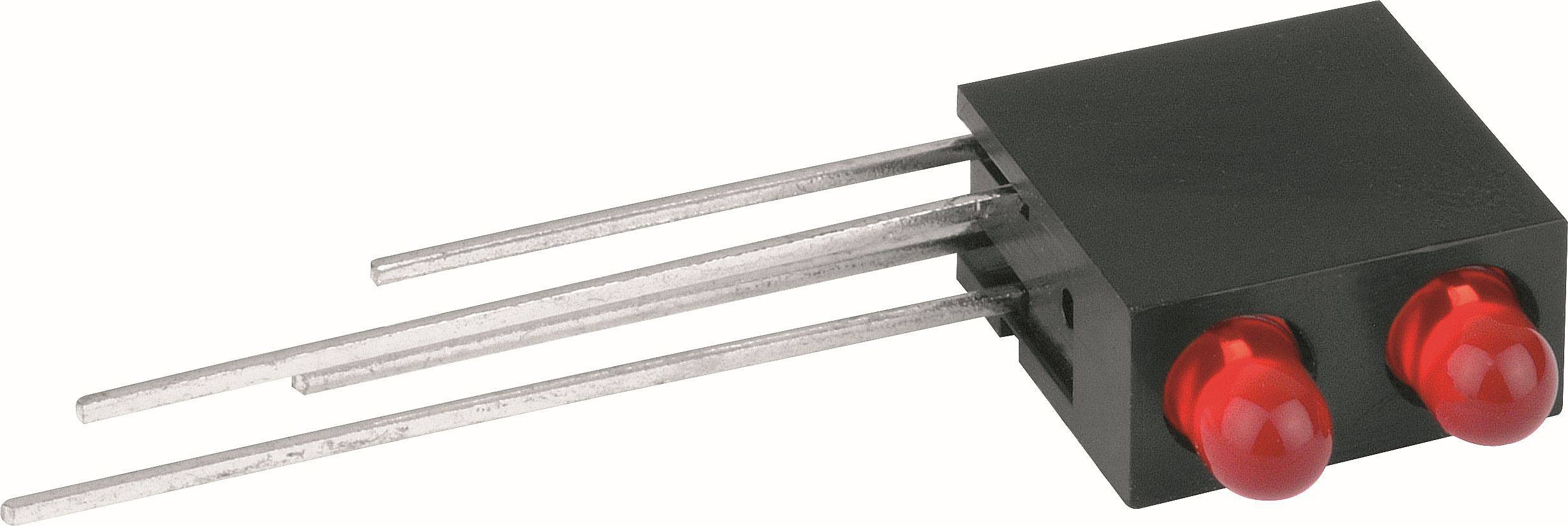 Schwarzes rechteckiges elektronisches Bauteil mit drei Metallstiften und zwei roten Anzeigelinsen oder LEDs an einem Ende.