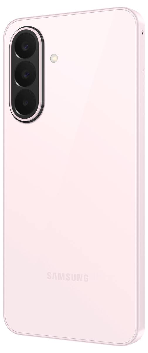 Rückseite eines hellrosa Samsung-Smartphones mit einem vertikalen Dreifach-Kameramodul und Blitz oben links.