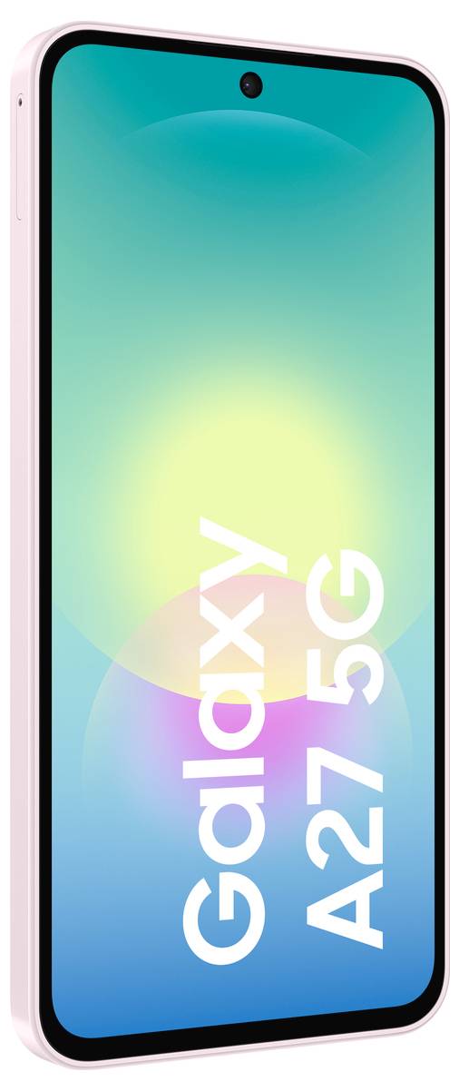 Samsung Galaxy A27 5G Smartphone von vorne gezeigt mit einem blaugrün bis blauen Bildschirm und dem Text 