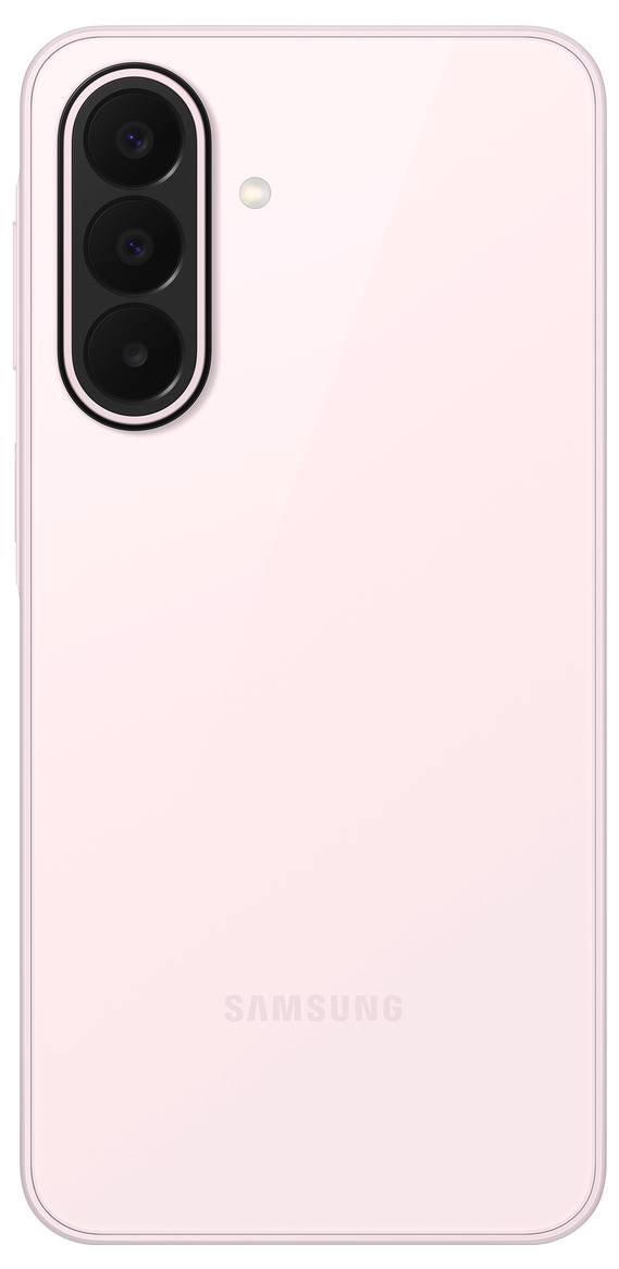 Rückseite eines hellrosa Samsung-Smartphones mit dreifachen vertikalen Rückkameras und Blitz in der oberen linken Ecke.