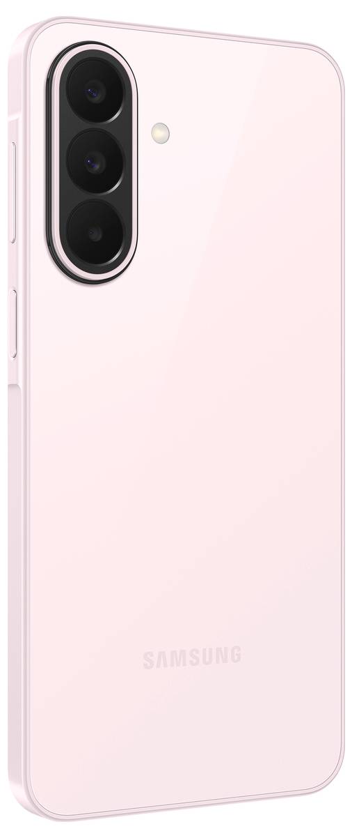 Hellrosa Samsung-Smartphone-Rückseite, die ein vertikal angeordnetes Dreifach-Kameramodul mit Blitz und abgerundeten Ecken zeigt.