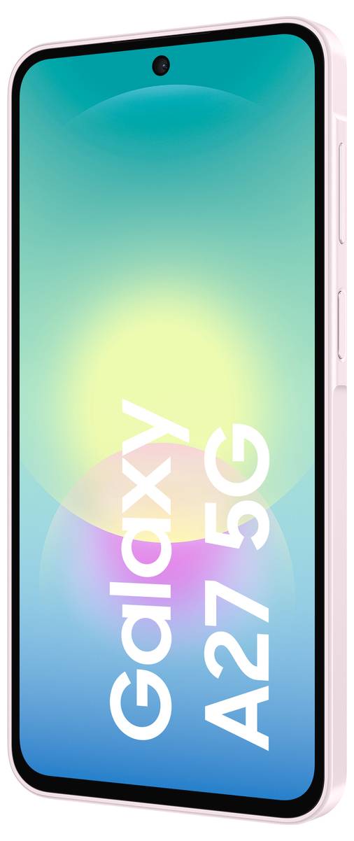 Rosa Samsung Galaxy A27 5G Smartphone aufrecht dargestellt mit türkisfarbenem Farbverlauf-Bildschirm und großem Text „Galaxy A27 5G