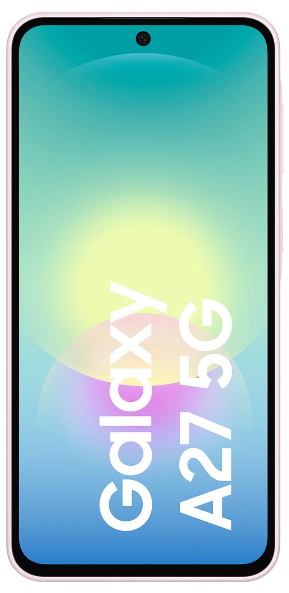 Vorderansicht eines Samsung Galaxy A27 5G Smartphones mit einem Farbverlauf von Blaugrün zu Blau als Hintergrundbild und großem Text 