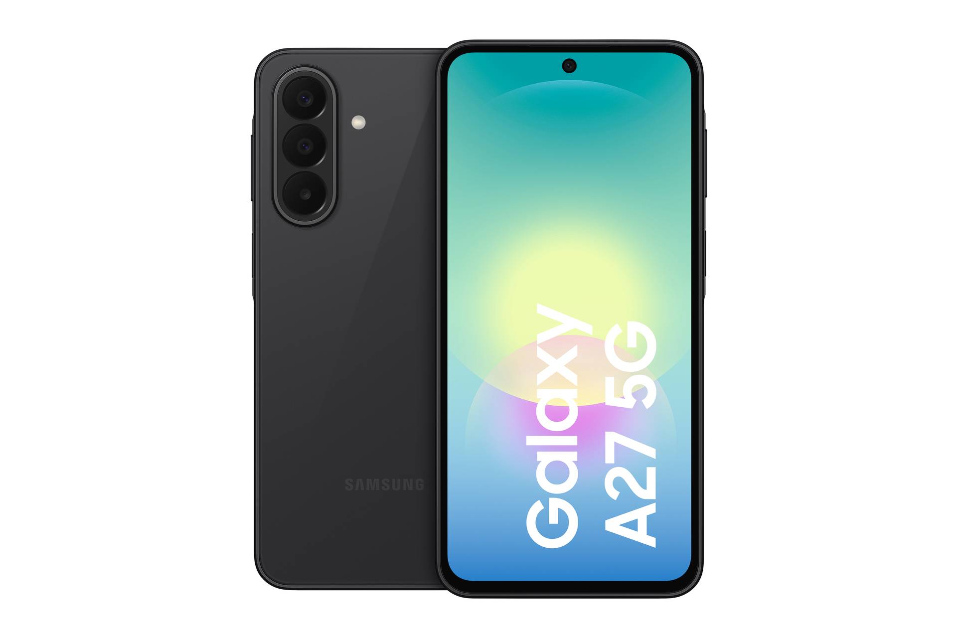 Front- und Rückansicht eines schwarzen Samsung Galaxy A27 5G Smartphones, das die dreifache Rückkamera und den Bildschirm mit dem angezeigten Modellnamen zeigt.