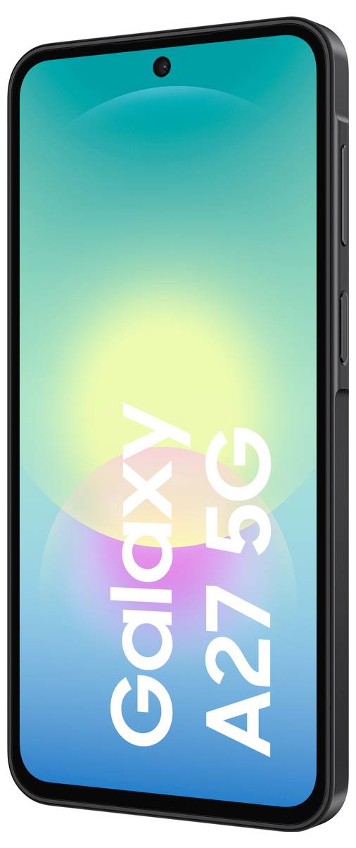 Vorderansicht eines Samsung Galaxy A27 5G Smartphones mit farbenfrohem Gradient-Bildschirm und zentrierter Punch-Hole-Kamera.