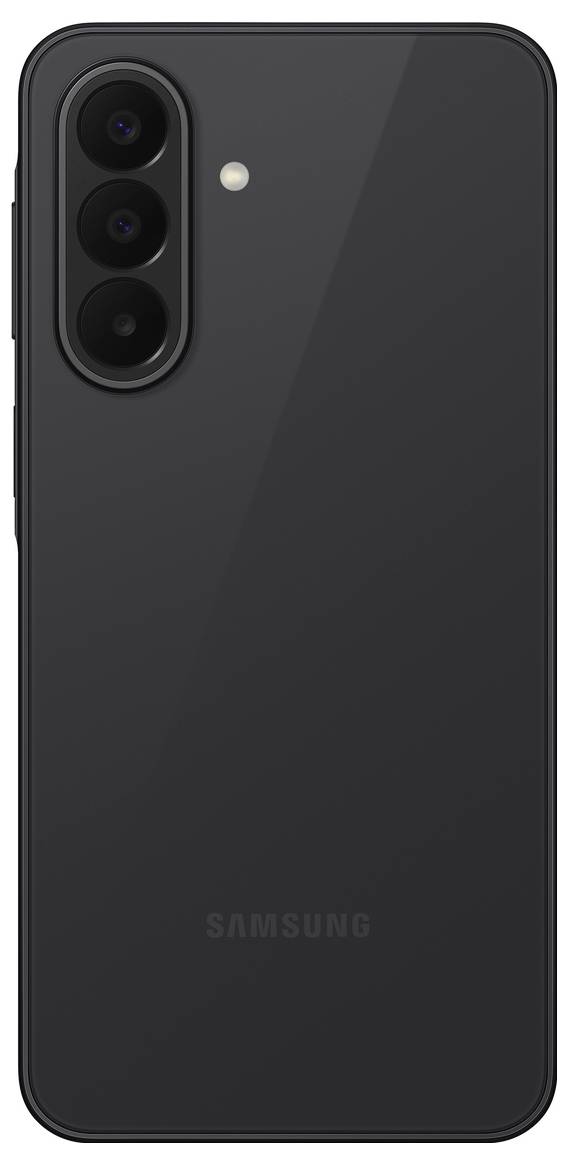 Rückansicht eines schwarzen Samsung-Smartphones mit einem dreifachen Kamerasystem auf der Rückseite und Blitz in der oberen linken Ecke.