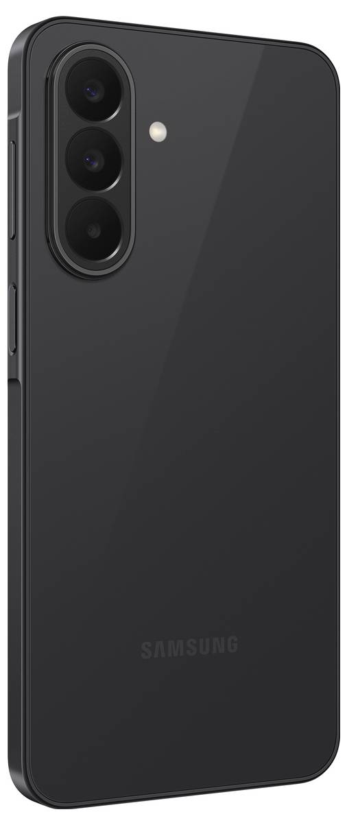 Rückseite eines schwarzen Samsung-Smartphones mit einer dreifachen Rückfahrkamera in einem vertikalen Modul und einem kleinen Blitz daneben.