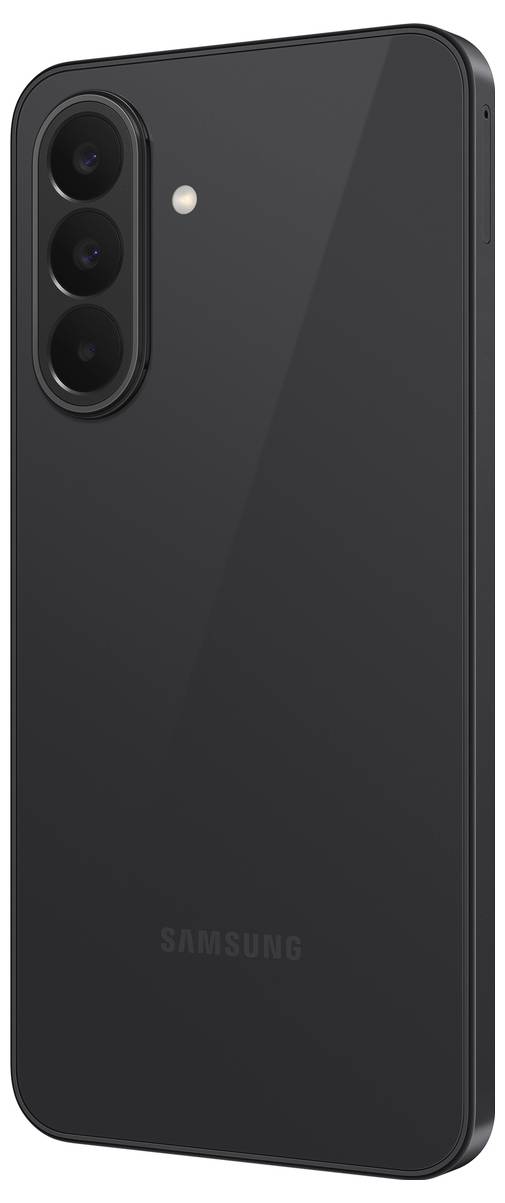 Rückansicht eines schwarzen Samsung-Smartphones mit dreifacher Hintergrundkamera in einem vertikalen Modul und einem Blitz.