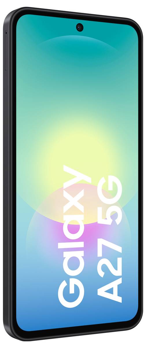 Samsung Galaxy A27 5G Smartphone in Schwarz, Vorderansicht mit blaugrünem bis blauem Bildschirm und großem vertikalem Text 