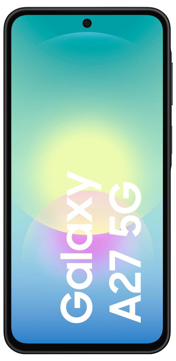Vorderansicht eines Samsung Galaxy A27 5G Smartphones mit einem blauem Farbverlauf-Bildschirm, der 