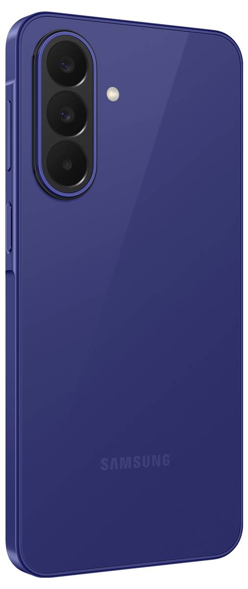 Rückansicht eines blauen Samsung-Smartphones mit einem vertikalen Triple-Kamera-Modul und Blitz auf der Rückseite.