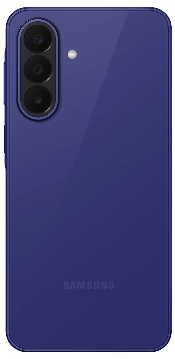Rückseite eines blauen Samsung-Smartphones mit drei rückwärtigen Kameras in einem vertikalen Modul und ein Blitz in der Nähe der oberen linken Ecke.
