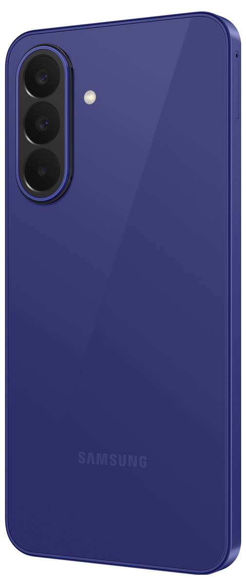 Rückansicht eines blauen Samsung-Smartphones mit drei vertikal angeordneten Rückkameras und einem Blitz.