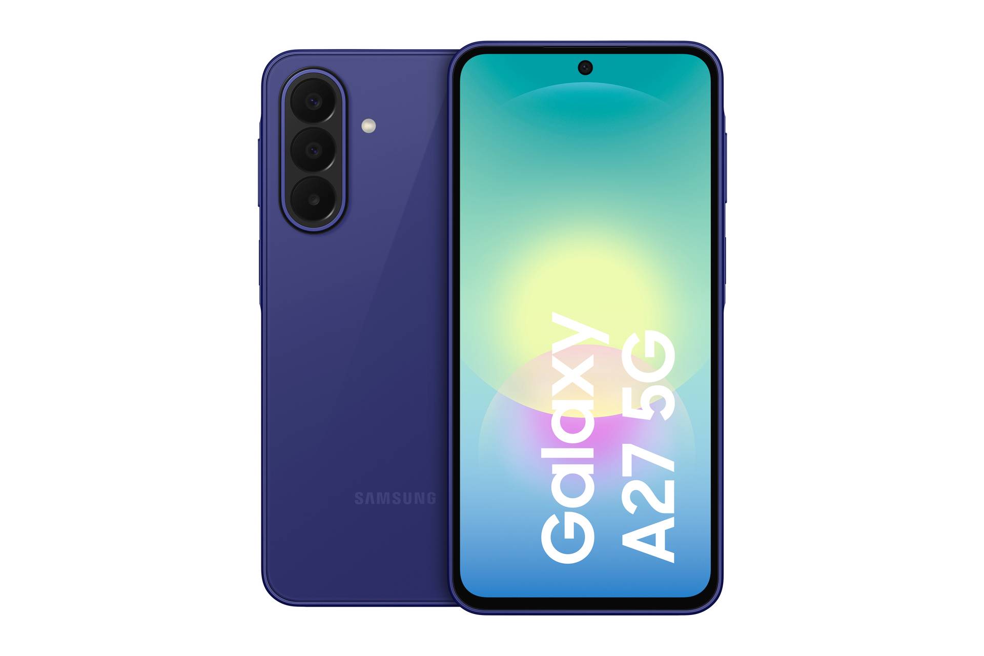 Samsung Galaxy A27 5G Smartphone von vorne und hinten gezeigt, mit blauem hintererem Kameramodul und Bildschirm mit der Anzeige 